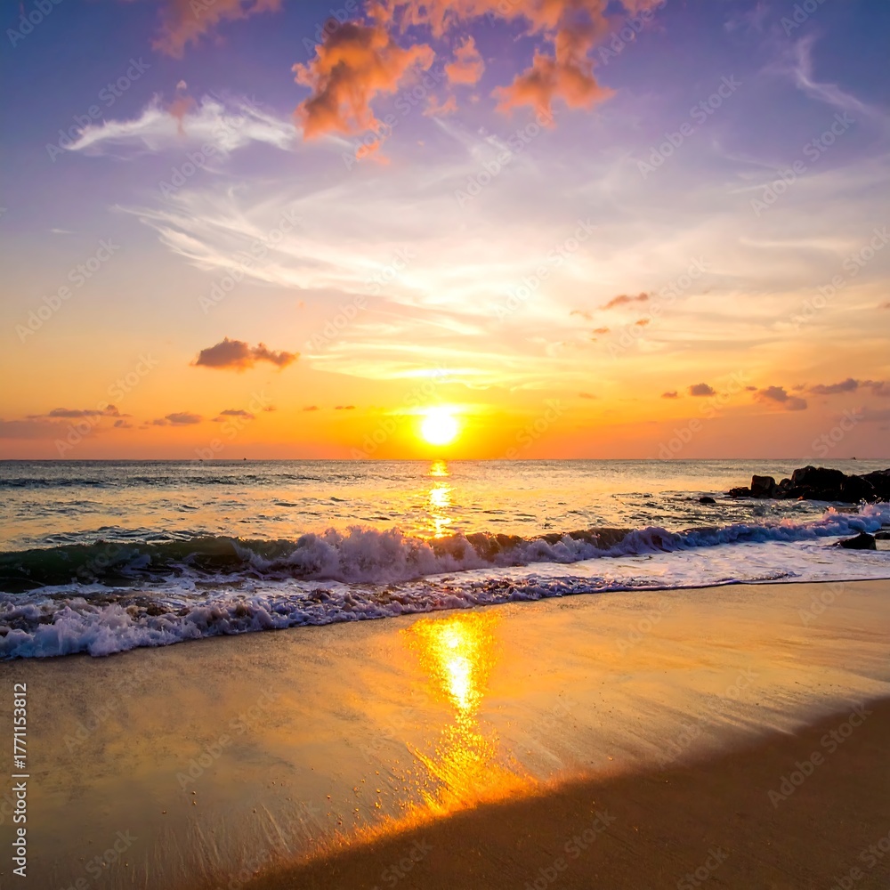 Fototapeta premium Sunset over tranquil ocean at beach, reflecting colors