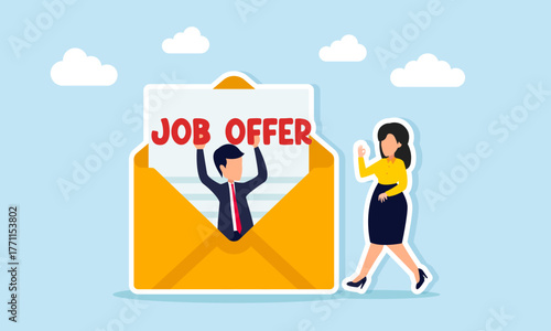 Businesswoman approaching businessman holding job offer letter emerging from envelope illustration of effort to find employment by sending job application to a company