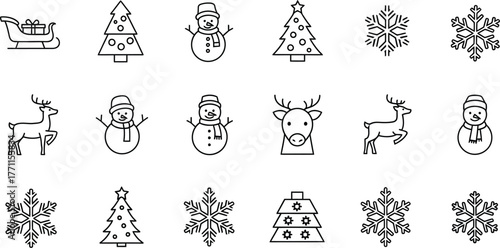 Set of christmas icons in line art style