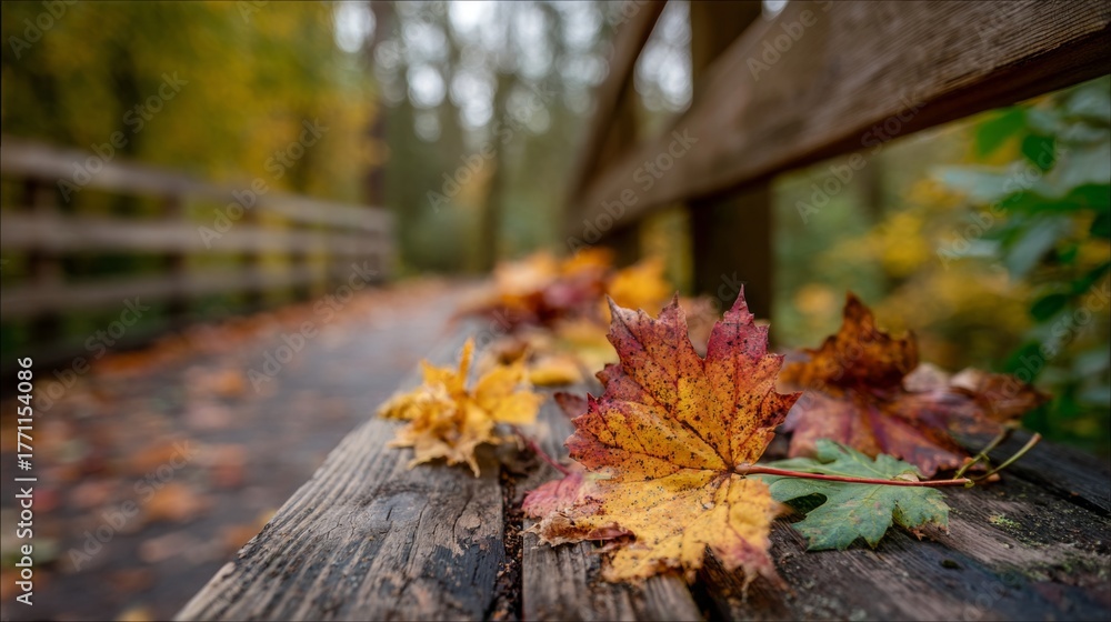 Fototapeta premium Colorful Autumn Leaves on Wood Bridge with Scenic Path in the Background Surrounded by Nature in Fall Season