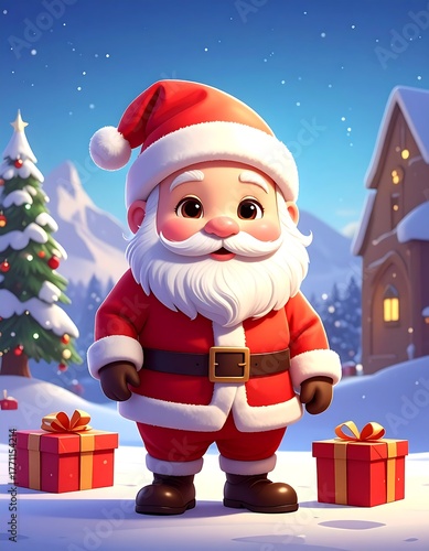 A cheerful, cartoon Santa stands with presents on snowy ground