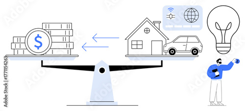 Scales balancing money and assets thumbs up a house, car, technology icons, and a light bulb. Arrows depict trade-offs and choices. Ideal for finance, budgeting, sustainability, energy