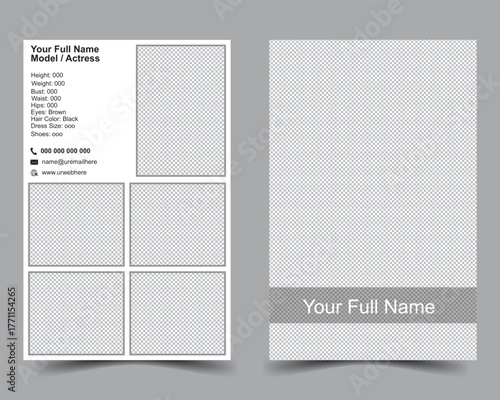 A modern, sleek, and elegant design modeling comp card and size is 5.5/8.5 inches