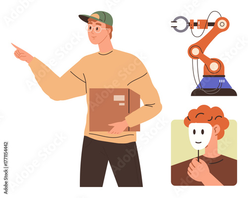 Man holding box gestures toward robotic arm another person holds a mask, suggesting identity. Ideal for innovation, AI, robotics, logistics, authenticity, progress creativity. Simple flat metaphor