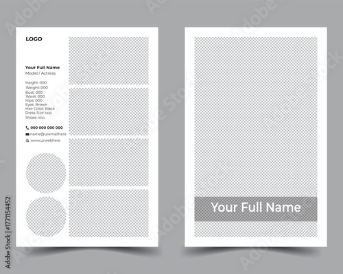 Vector modeling comp card. Its size is 5.5/8.5. It is a modern, sleek, and elegant design