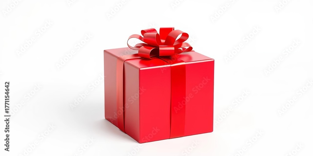 Fototapeta premium A vibrant red gift box, perfectly square, sits alone against a stark white background, red gift box, studio shot