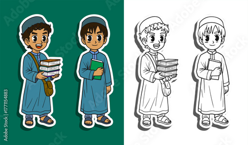 Cute muslim students carrying books sticker set