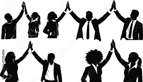 Silhouette, teamwork, high five, business people, casual clothing, celebration, success, unity, collaboration, support, dynamic pose, partnership, motivation, connection, achievement, group, 
