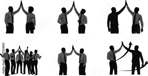 Business, teamwork, high five, silhouette, success, collaboration, unity, support, growth, motivation, partnership, corporate, professional, gesture, achievement, group, interaction, leadership, 