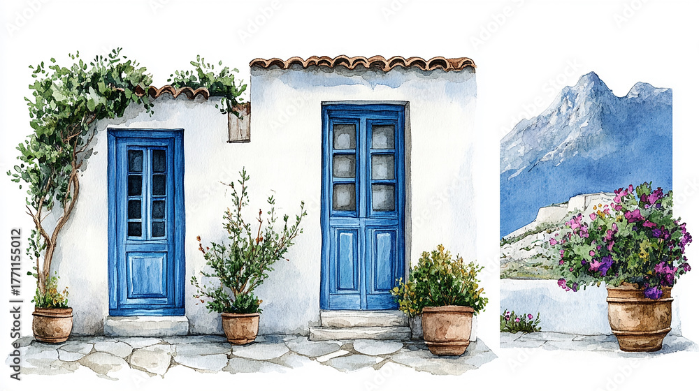 Fototapeta premium Mediterranean Coastal Village Street – Watercolor Seaside Houses with Colorful Facades and Flowering plants