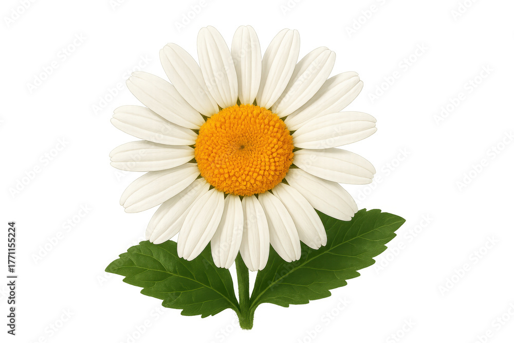 Fototapeta premium Daisy flower head with white petals and yellow center, blooming fresh green leaves, transparent background