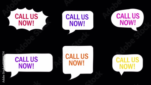 Call us now text sign on speech bubble animation, call us now text sign with bubble speech template animated with alpha channel.