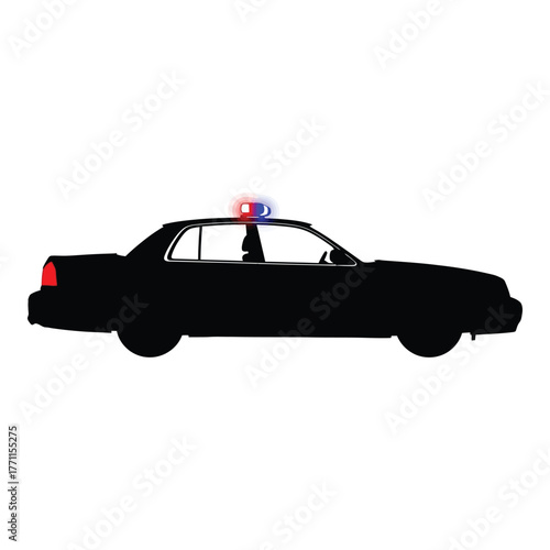 Classic police car silhouette isolated on white background, representing law enforcement, emergency services, and public safety in urban areas