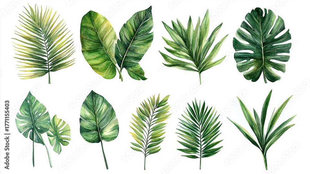 Obraz premium Set Collection Watercolor tropical leaves Modern green tropical leaves, clip art Botanical Illustration elegant watercolor illustration , green tropical leaves