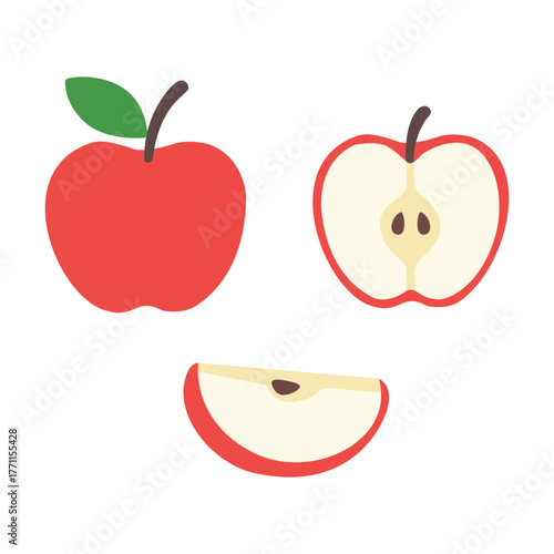 Red apple shown whole, halved, and sliced; displaying core and seeds.