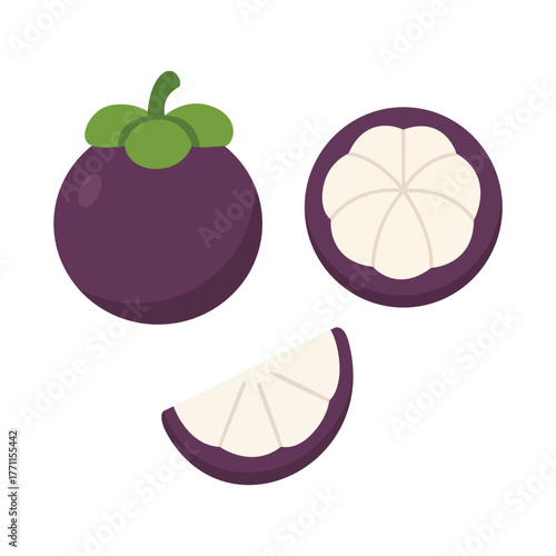 Whole and cut mangosteen showing purple skin and white fleshy segments.