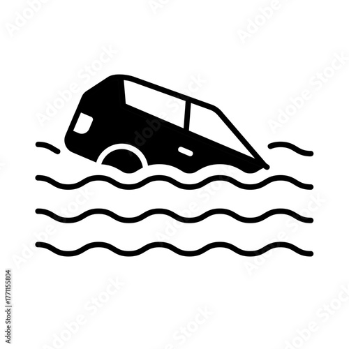 Glyph Icon - Car sinking into water indicating flood or car drowning situation.