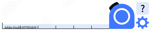 Blue measuring tape with numbered scale, gear icon, and question mark. Ideal for design, precision, problem-solving, customization, engineering, DIY projects innovation simple flat metaphor