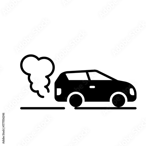 Glyph Icon - Car emitting smoke indicating engine overheating or damage.