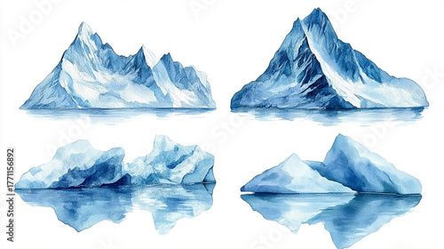 A series of icebergs, each smaller than the last, a visual countdown to a tipping point, in a style of watercolor