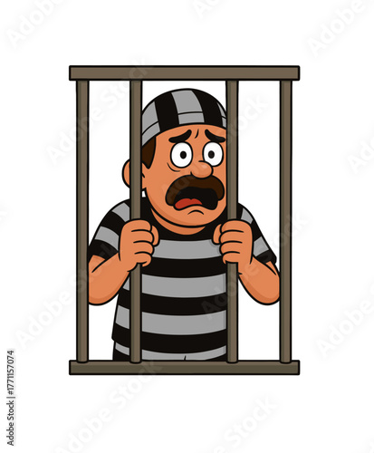 Cartoon vector of a worried inmate gripping jail bars, wearing striped prison uniform and cap. Useful for crime, punishment, detention, incarceration, justice system, rehabilitation and security topic