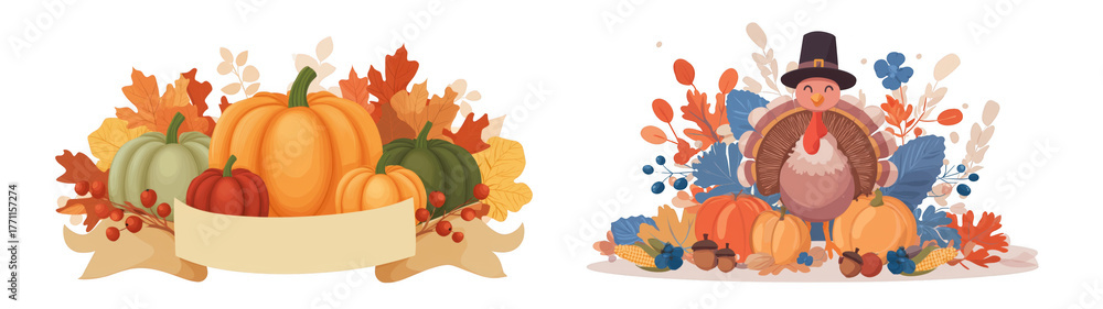 Fototapeta premium Autumn decor with pumpkins and colorful leaves, created AI, PNG