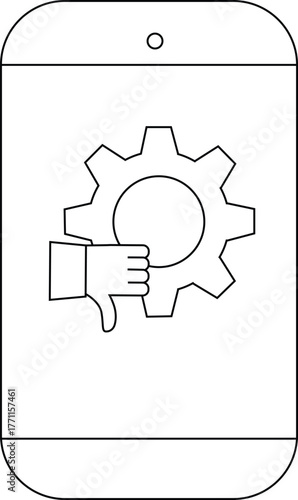 A smartphone with a thumbsdown over a gear