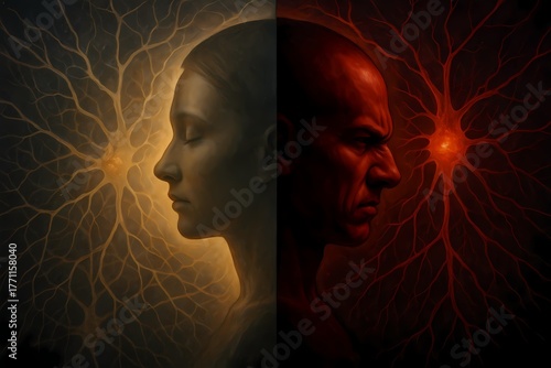 Two faces side by side, one serene in gold and the other tense in red, symbolizing the contrast between calm and stress, and the balance between serotonin and cortisol in the human mind.