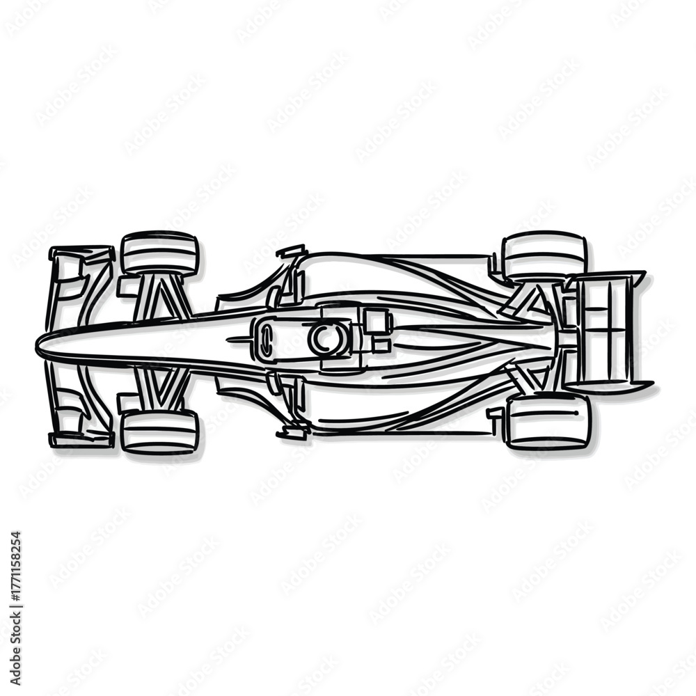 Obraz premium Overhead view of a formula one race car isolated on white background, showcasing its aerodynamic design and highperformance engineering for motorsport enthusiasts