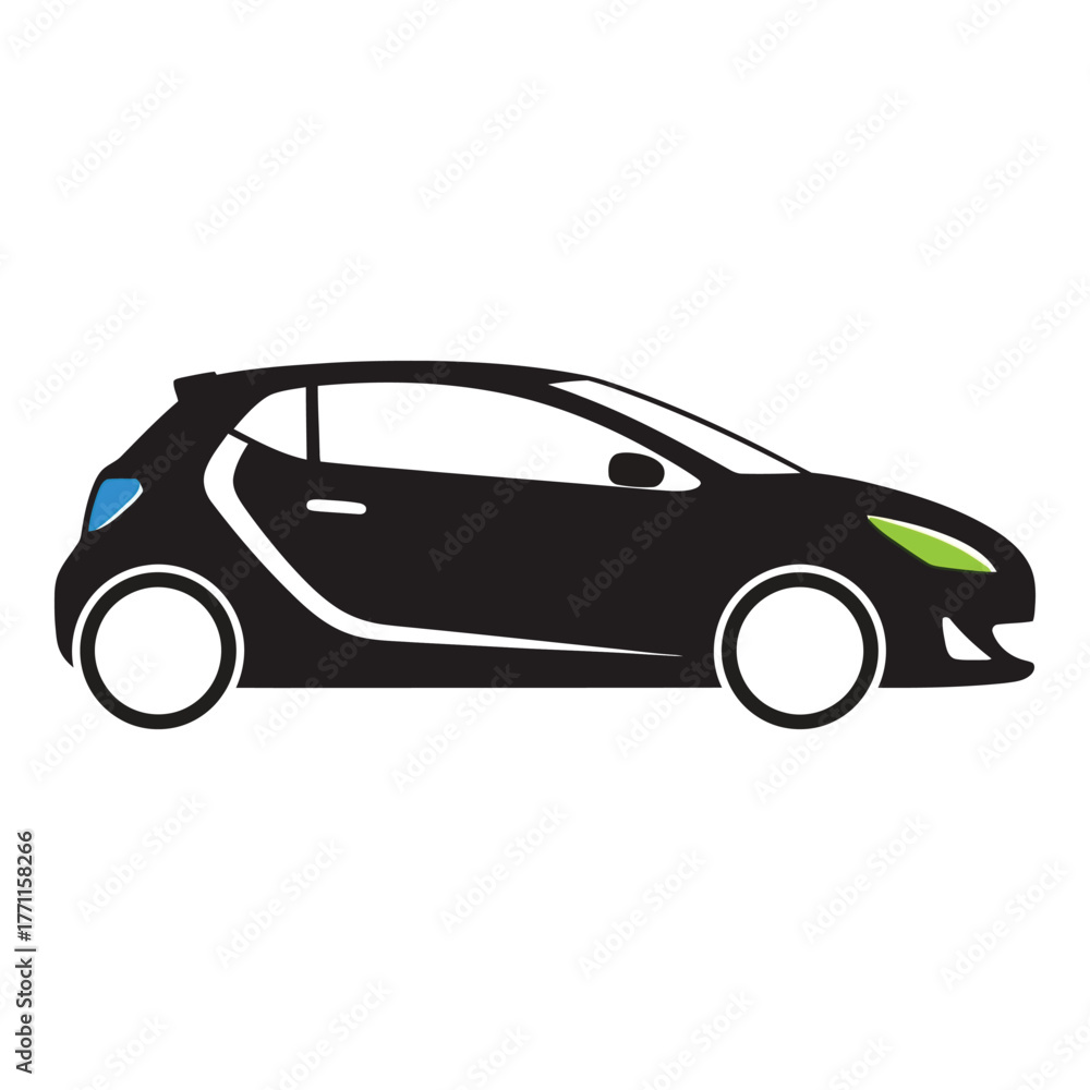 Fototapeta premium Compact car vector illustration isolated on white background, showcasing a modern electric vehicle design with a sleek profile, perfect for ecofriendly transportation concepts