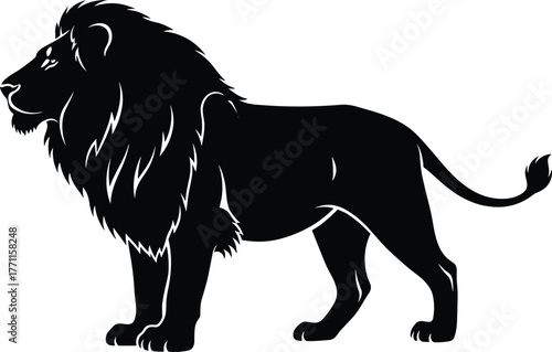 Lion silhouette illustration, majestic animal icon, wild predator symbol, strength and courage graphic, powerful beast design, wildlife art, noble king concept