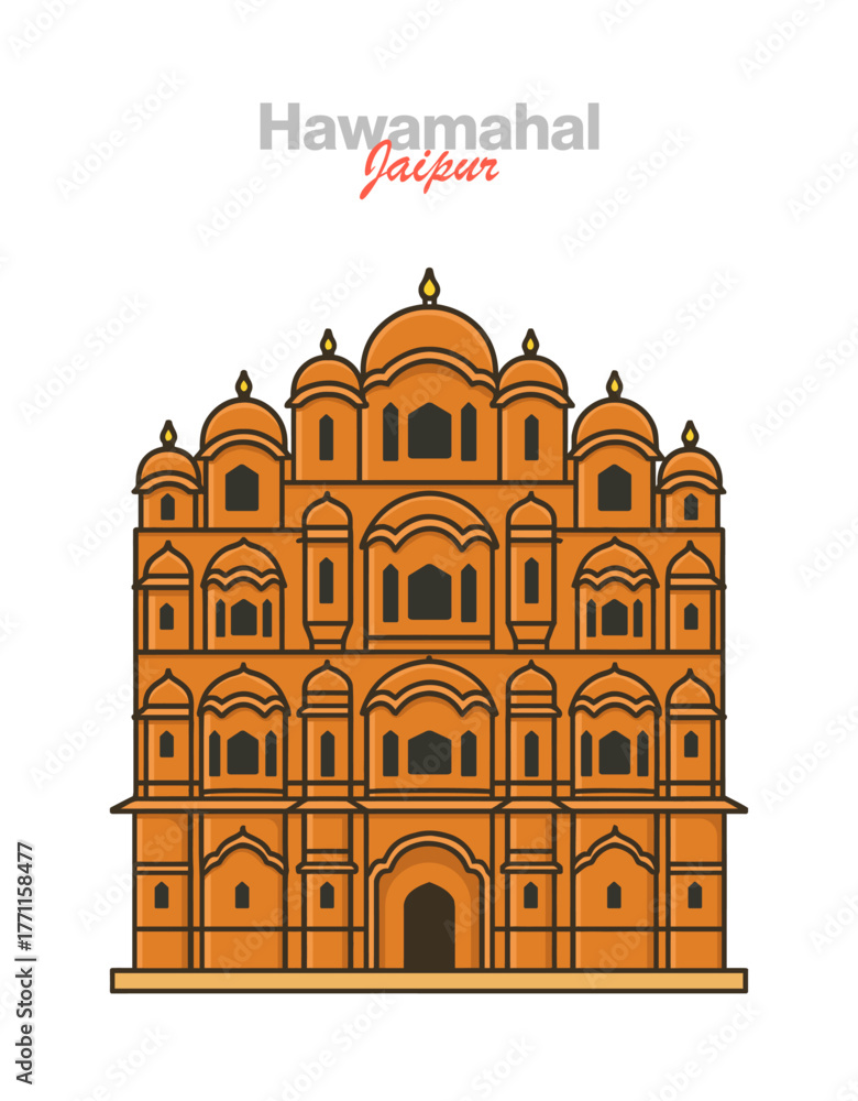 Fototapeta premium Clean vector illustration of Hawa Mahal (Palace of Winds), Jaipur. Iconic Rajput facade with jharokha windows, pink sandstone architecture and Rajasthan travel landmark in flat design