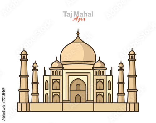 Minimal vector of the Taj Mahal, Agra—UNESCO World Heritage and world wonder. White marble Mughal mausoleum with minarets, symmetry and love monument; iconic India travel symbol