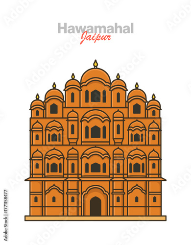 Clean vector illustration of Hawa Mahal (Palace of Winds), Jaipur. Iconic Rajput facade with jharokha windows, pink sandstone architecture and Rajasthan travel landmark in flat design