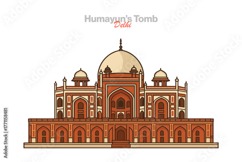 Elegant vector of Humayun’s Tomb, Delhi—UNESCO World Heritage Mughal monument. Symmetrical red sandstone and marble mausoleum with Persian charbagh garden, culture and tourism icon