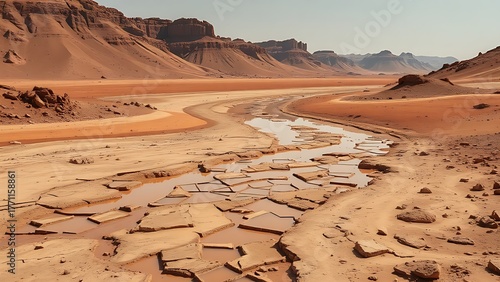 A dried Martian riverbed crafted from shattered mirrors reflecting the absence of water.