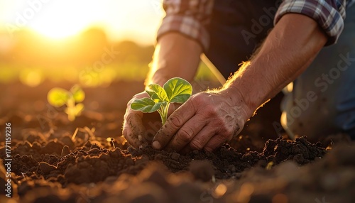 Gardener carefully plants a seedling in soil bathed by golden sunlight