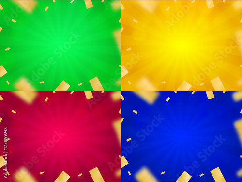 緑・黄色・ワインレッド・群青色の背景に、金の紙吹雪とサンバーストの効果が施された鮮やかな4色セット背景素材