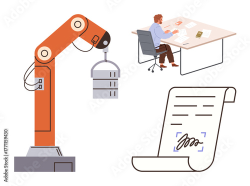 Robotic arm holding an object, man working at desk with papers and computer, and a signed document. Ideal for automation, industry, business, technology, productivity contracts innovation. Simple
