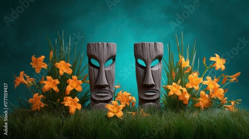 Two tiki masks with daylilies and grass on a teal background