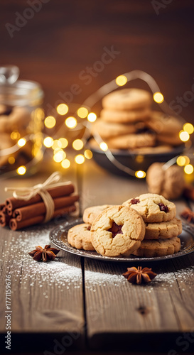 Festive Cookies with Cinnamon Sticks on Rustic Wooden Table