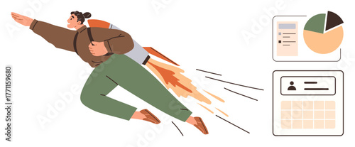 Professional with jetpack symbolizing rapid growth, charts, and calendar representing strategy, analytics, planning. Ideal for success, productivity, goals, innovation motivation career