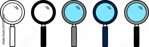 A vector set of five magnifying glass icons in various colors, isolated on a white background for search and analysis concepts