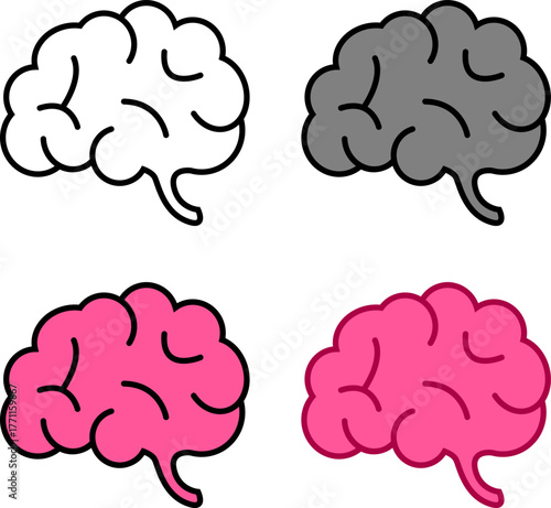 Collection of brain vector icons in outline and flat color styles. Simple graphic illustration set representing mind, thought, and psychology