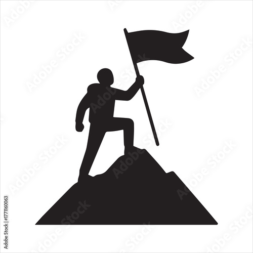 Silhouette mountain climber holding flag on summit vector illustration