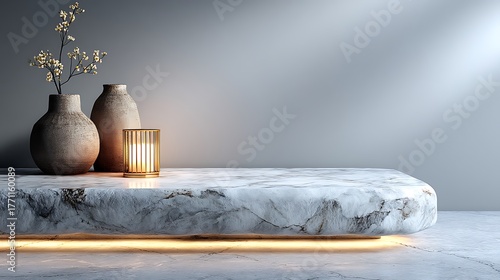 Smooth white marble surface with refined lighting and minimal background, featuring clean upper blank space for luxury branding, product showcase, digital marketing, or advertisement design