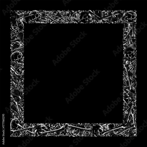 A dark and detailed square frame made entirely of human bones and skulls, rendered in high-contrast black and white. The macabre design evokes gothic, horror, and death symbolism.