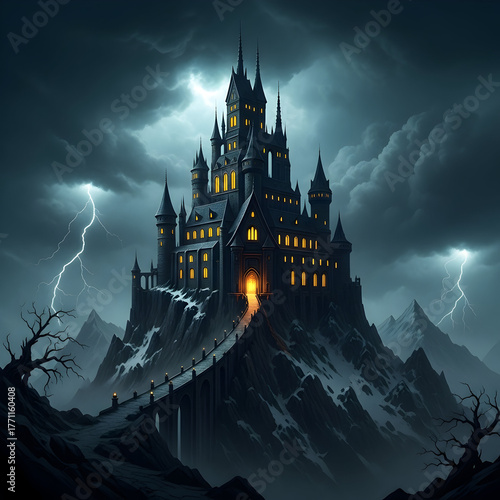 Castle on Mountain Peak with Stormy Sky and Lightning