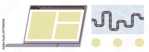 Open laptop with UI elements and a road map interface featuring a winding route, circular markers, and navigation layout. Ideal for travel, GPS, journey, planning, technology, maps simple flat