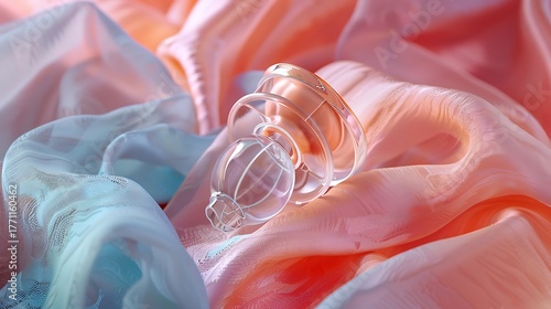 Clear glass bottle stopper on soft pastel colored fabric creating a gentle and elegant composition